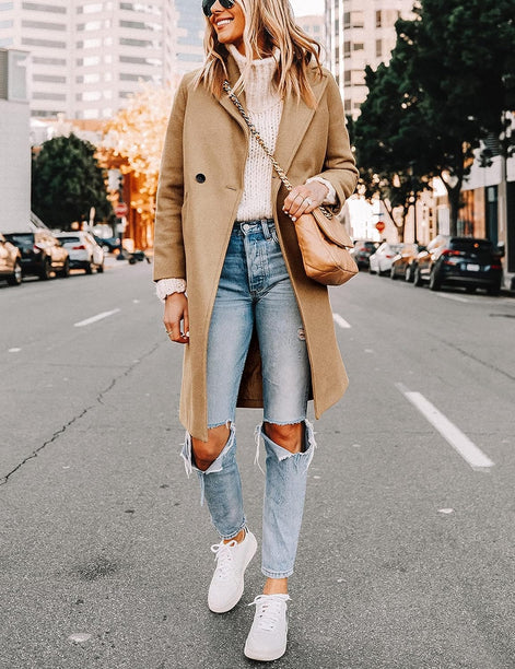 Women's Notch Lapel Double-Breasted Long Wool Winter Coat with Side Pockets