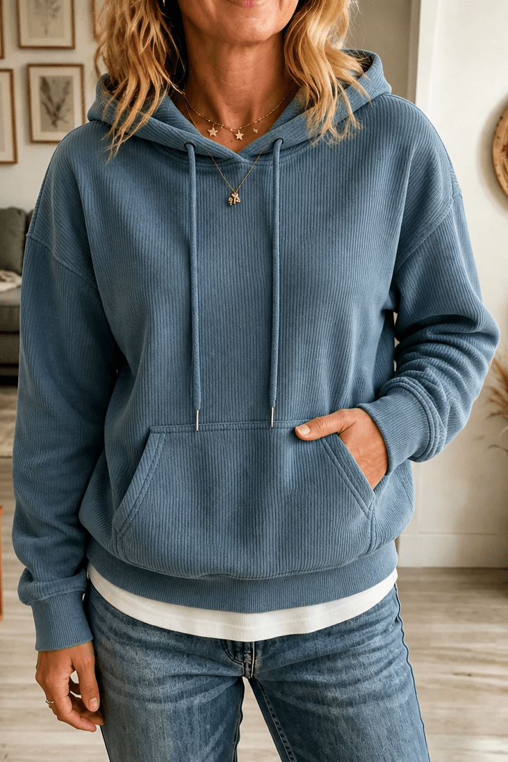 Ribbed Corduroy-Look Hoodie with Front Pocket for Women