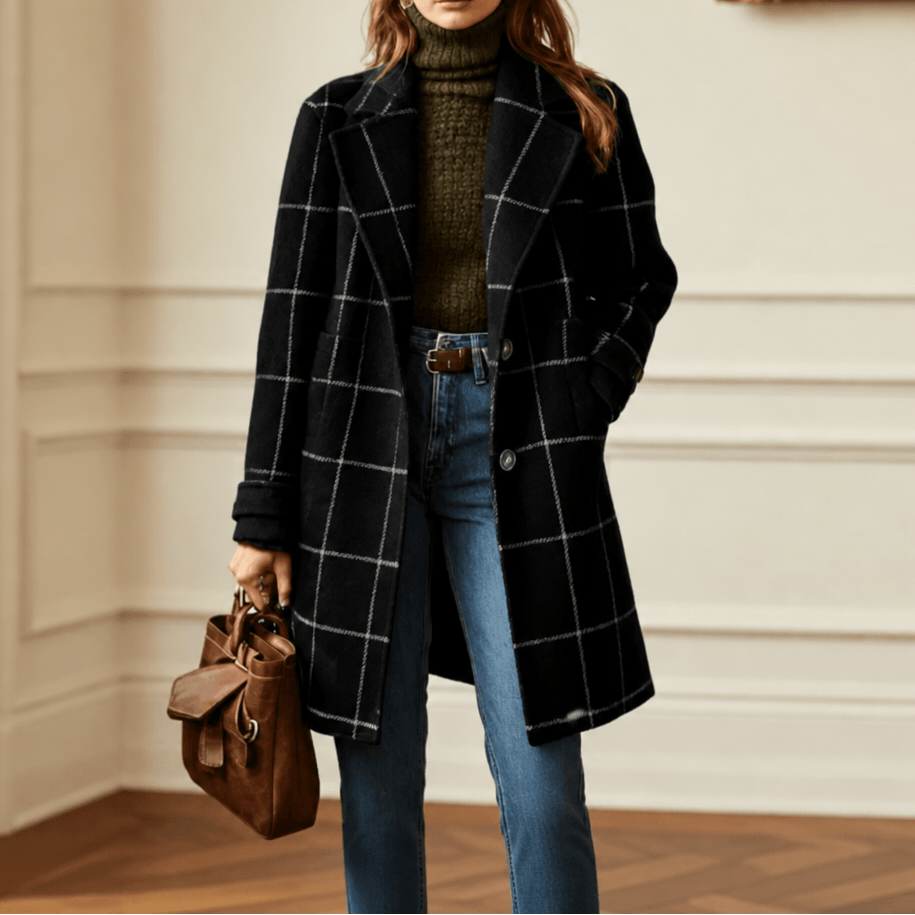 Women's Oversized Plaid Wool-Look Coat with Two-Button Front