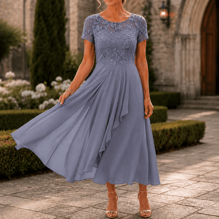 Lace Bodice Chiffon Women's Midi Dress with Ruffle Skirt