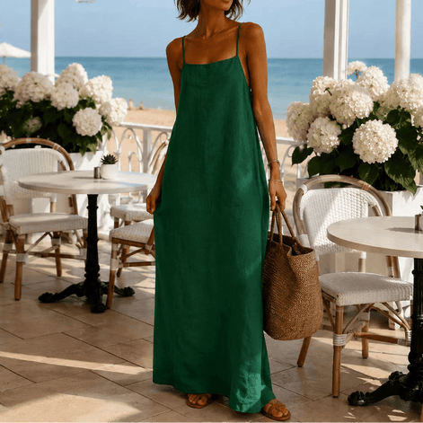 Women's Linen-Look Maxi Slip Dress with Adjustable Straps