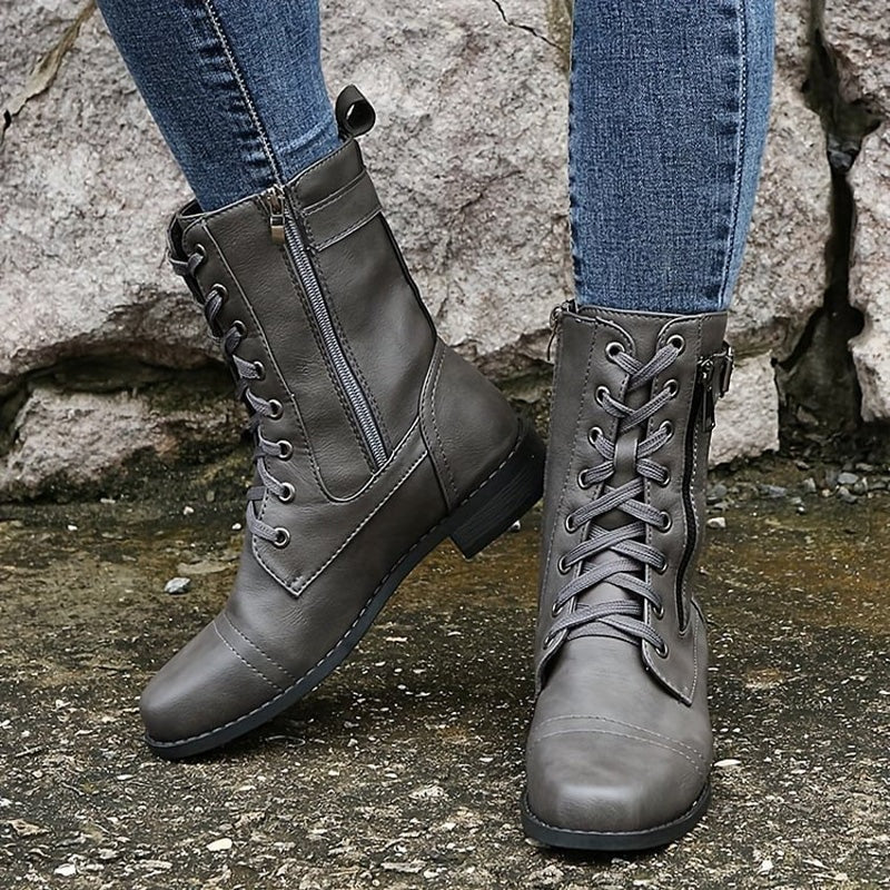 Hazel Lace-Up Combat Boots with Side Zip and Buckle Detail in Faux Leather