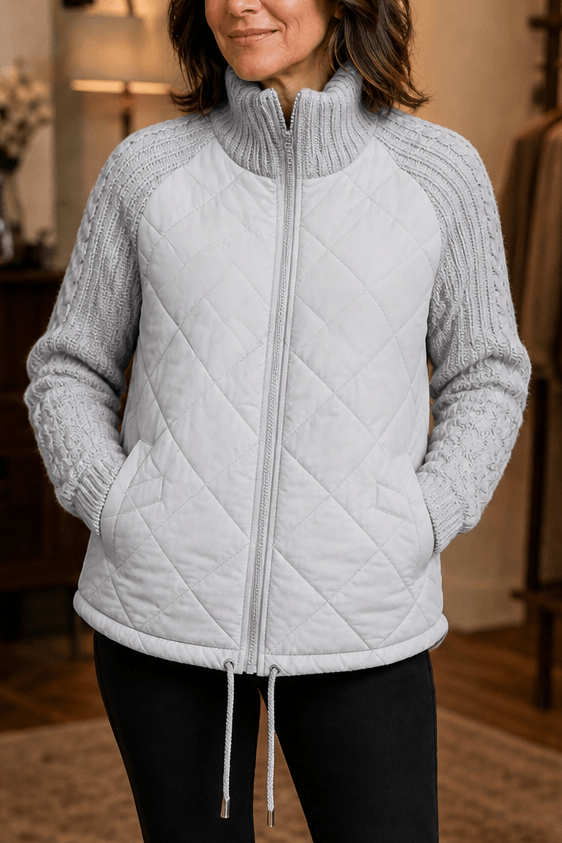 Women's Knit-Panel Quilted Puffer Jacket with Ribbed Cuffs