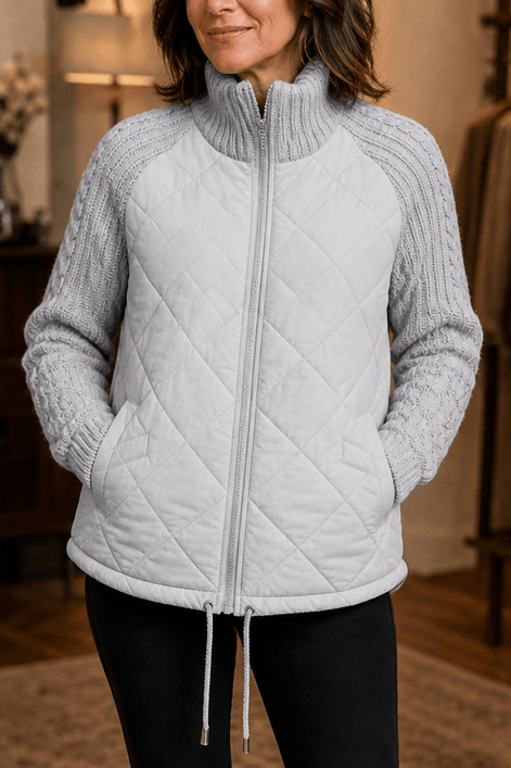 Women's Knit-Panel Quilted Puffer Jacket with Ribbed Cuffs