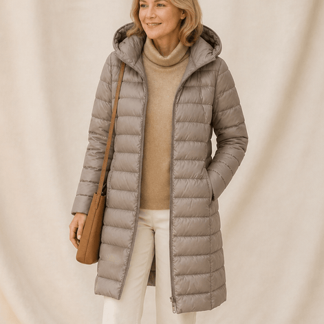 Women's Long Quilted Puffer Coat with Hood in Polyester