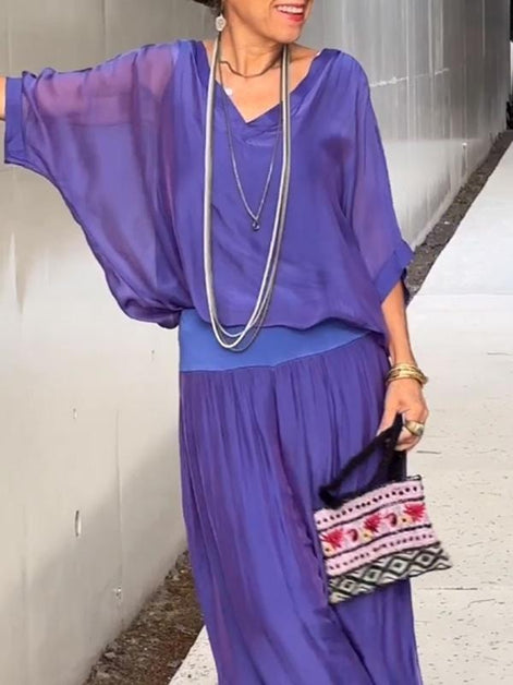 Adeline Draped Blouson Top and Wide-Leg Trouser Two Piece Set