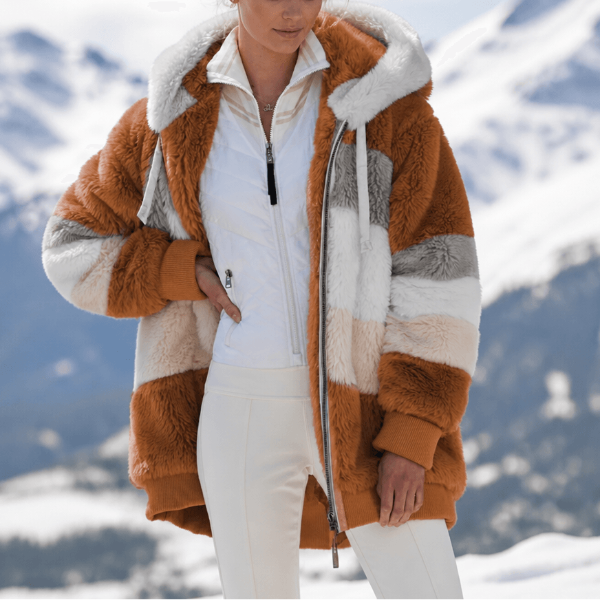 Women's Oversized Faux Fur Color-Block Hooded Coat