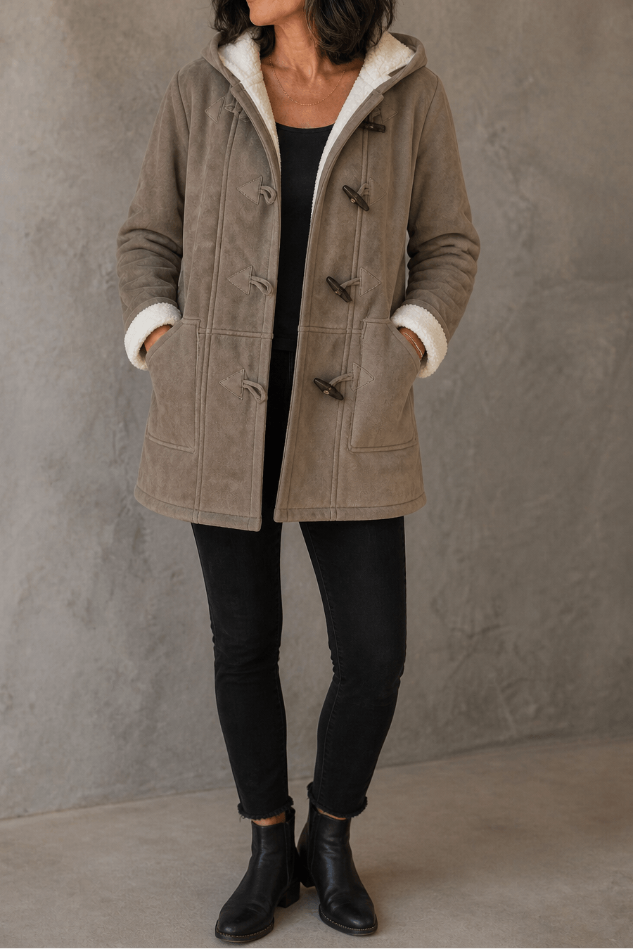 Women's Hooded Faux Suede Toggle Coat with Plush Sherpa Lining