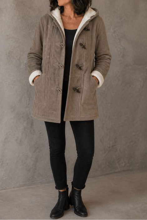 Women's Hooded Faux Suede Toggle Coat with Plush Sherpa Lining