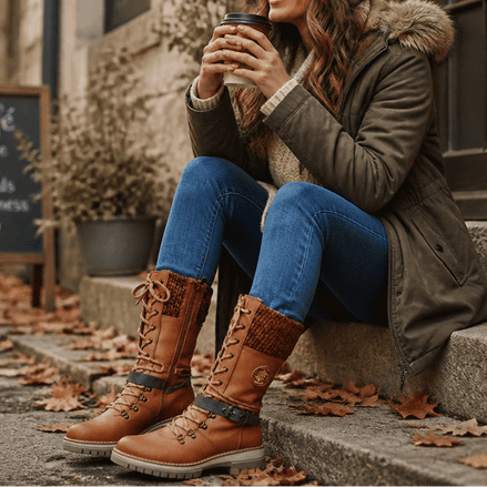 Women's Knit-Cuff Lace-Up Winter Boots with Buckle Strap