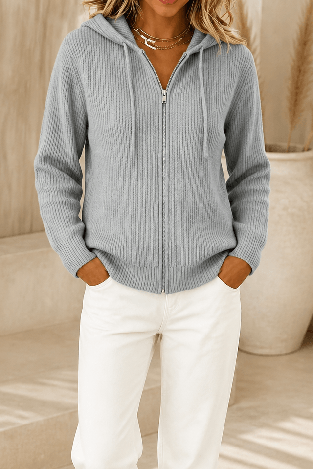 Women's Ribbed Zip-Up Hooded Cardigan with Drawstring Hood