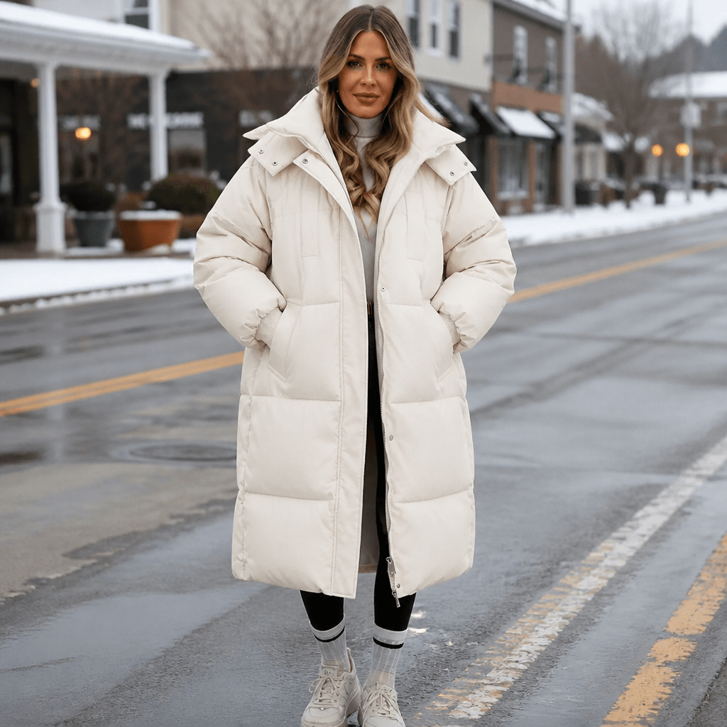 Women's Long Hooded Quilted Puffer Jacket with Pockets in Polyester