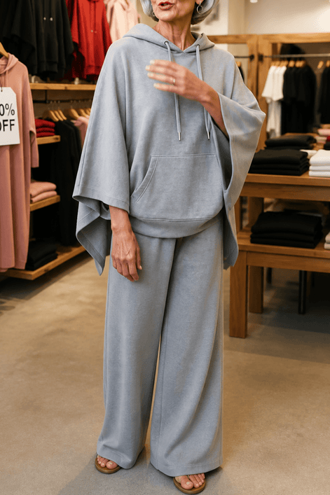 Hooded Cape and Wide-Leg Trouser Loungewear Set for Women
