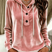 Women's Velvet Hooded Sweatshirt with Button Placket and Drawstring