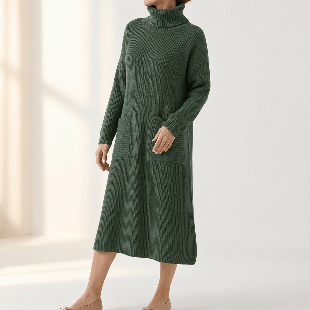 Velara Women's Turtleneck Knitted Jumper Dress with Pockets