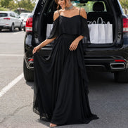Solavia Cold-Shoulder Chiffon Women's Midi Dress with Cascading Side Drape