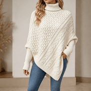 Women's Cable-Knit Turtleneck Poncho Jumper with Ribbed Trim