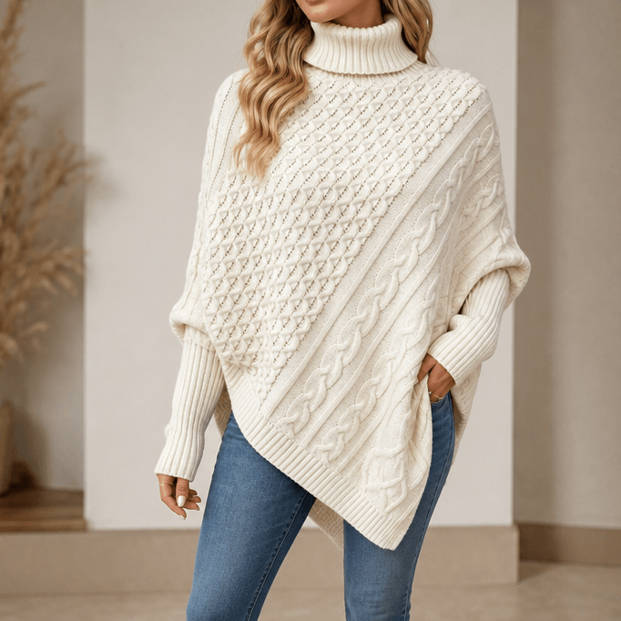 Women's Cable-Knit Turtleneck Poncho Jumper with Ribbed Trim