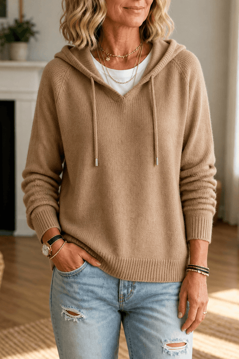 Women's Ribbed Hooded Knit Jumper with Drawstring