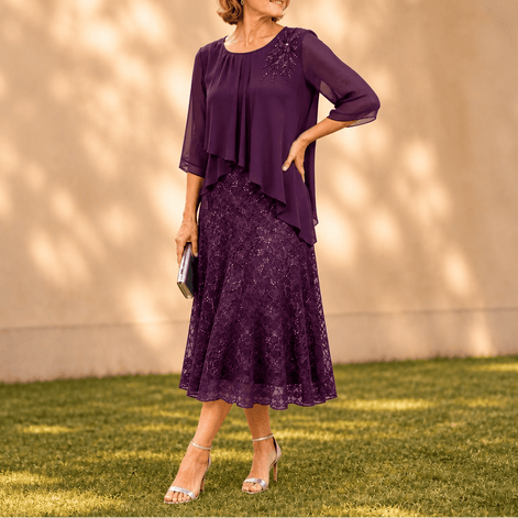Elavine Sheer-Sleeve Floral Lace Overlay Chiffon Women's Midi Dress
