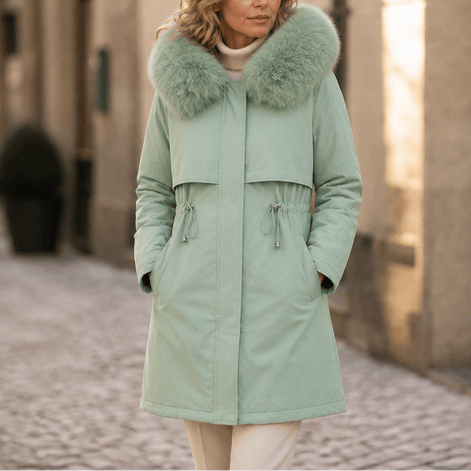Women's Hooded Mid-Length Parka Coat with Faux-Fur Trim