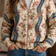 Botanical Print Zip-Up Knit Cardigan with Ribbed Trim