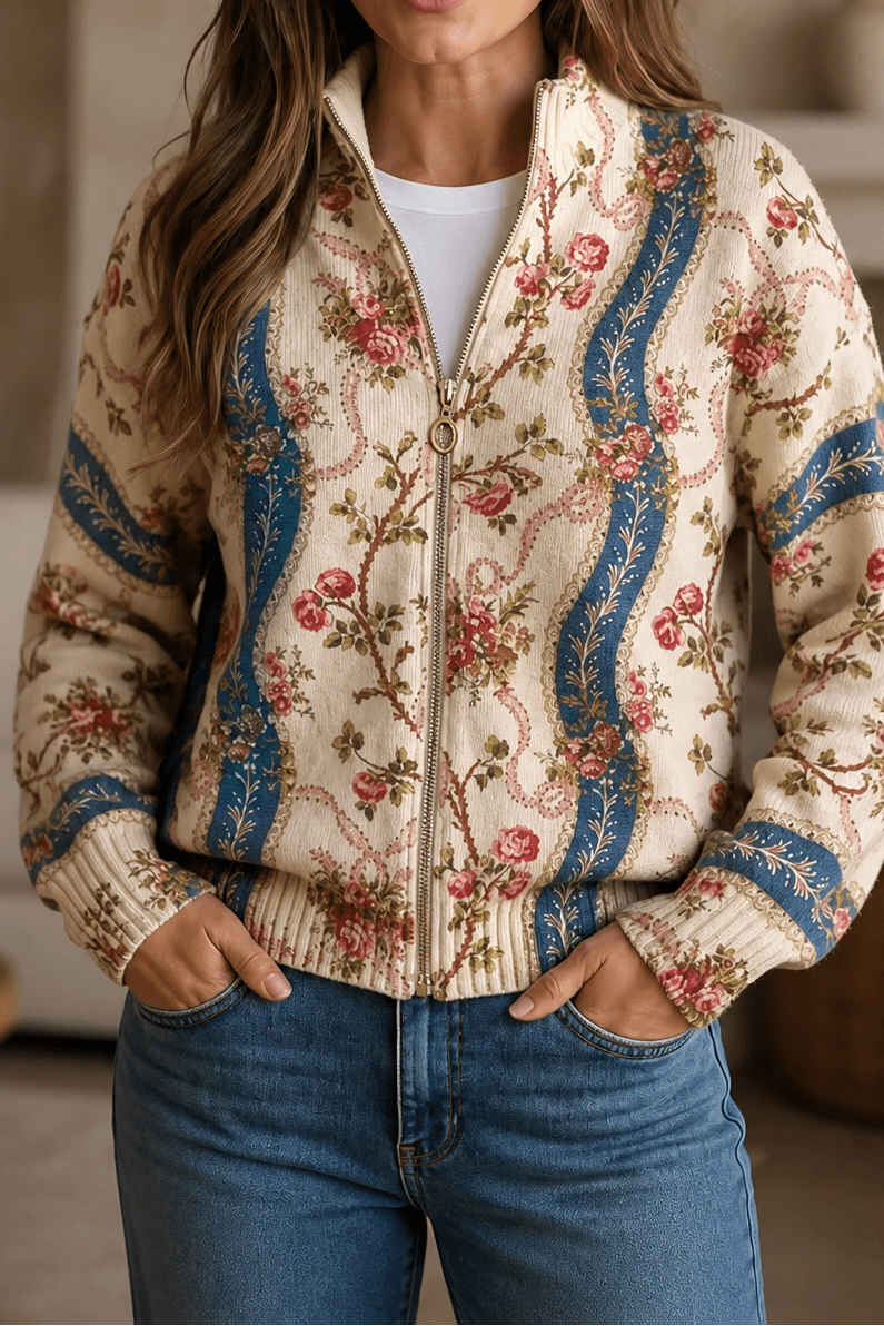 Botanical Print Zip-Up Knit Cardigan with Ribbed Trim