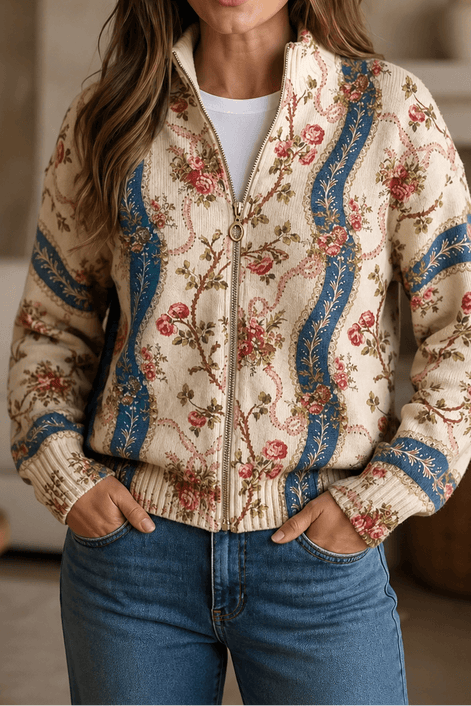 Botanical Print Zip-Up Knit Cardigan with Ribbed Trim