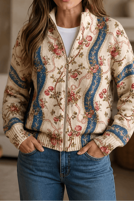 Botanical Print Zip-Up Knit Cardigan with Ribbed Trim