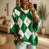 Women's Hooded Argyle Batwing Poncho Knitted Jumper with Relaxed Fit