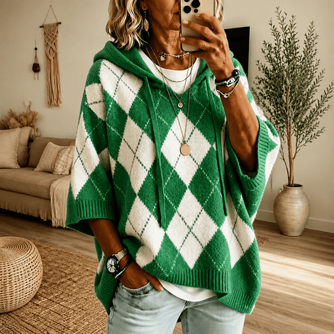 Women's Hooded Argyle Batwing Poncho Knitted Jumper with Relaxed Fit