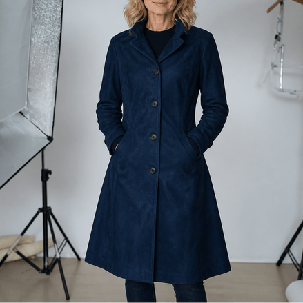 Women's Long Suede-Effect Button-Front Coat with Clean Vertical Line