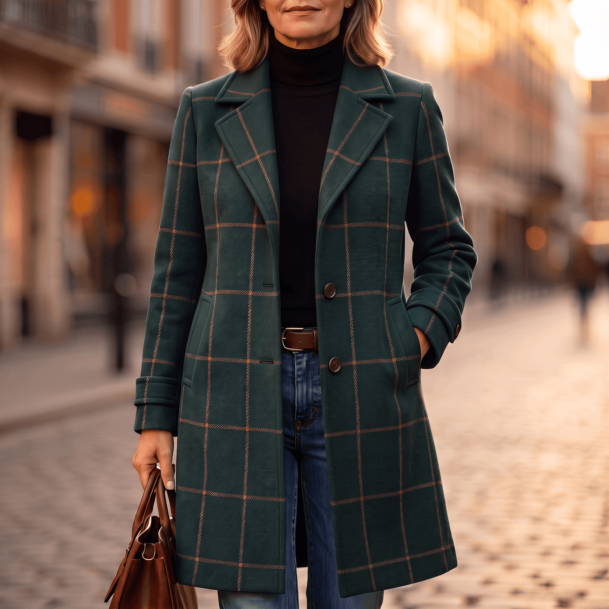 Women's Checkered Knee-Length Coat with Two-Button Front and Drop Shoulders