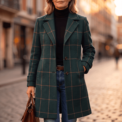 Women's Checkered Knee-Length Coat with Two-Button Front and Drop Shoulders