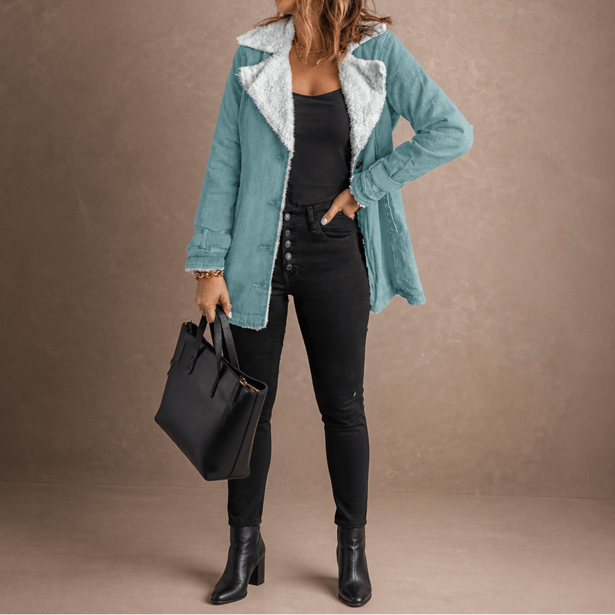 Sherpa-Lined Suede-Finish Lapel Jacket with Mid-Length Tailored Cut