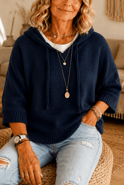 Women's Hooded Knit Jumper with Drawstring and Dropped Shoulders