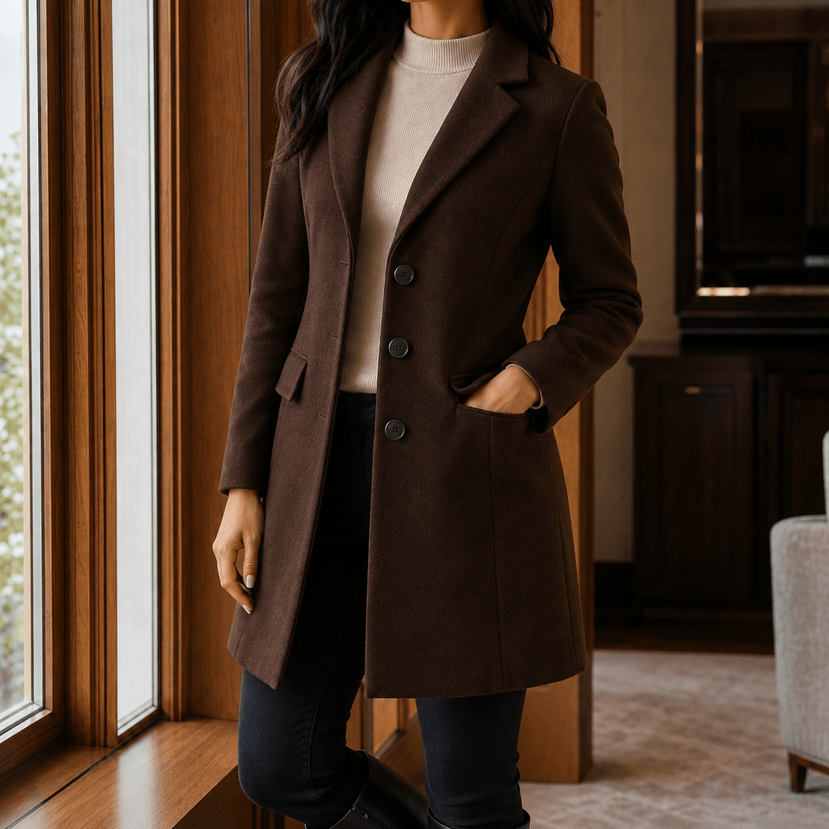 Women's Tailored Wool-Blend Winter Coat with Notched Lapels