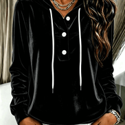 Women's Velvet Hooded Sweatshirt with Button Placket and Drawstring