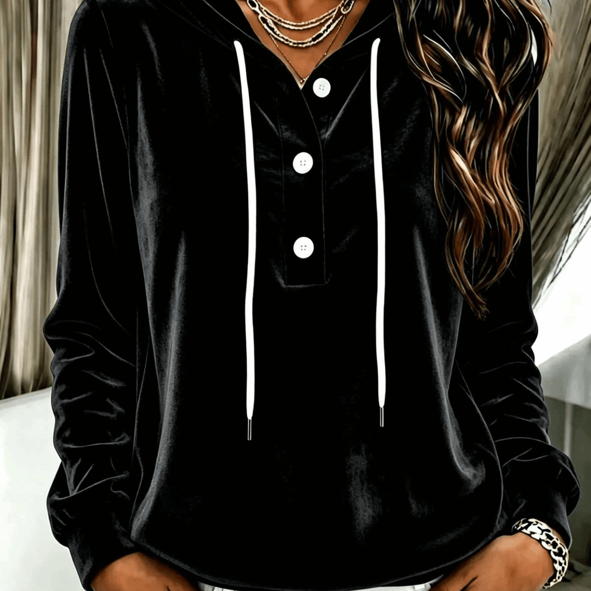 Women's Velvet Hooded Sweatshirt with Button Placket and Drawstring