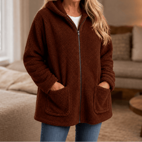 Cozelle Plush Hooded Oversized Fleece Zip-Up Jacket for Women