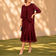 Elavine Sheer-Sleeve Floral Lace Overlay Chiffon Women's Midi Dress