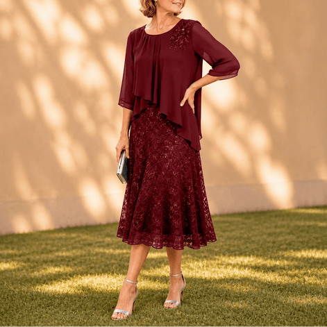 Elavine Sheer-Sleeve Floral Lace Overlay Chiffon Women's Midi Dress