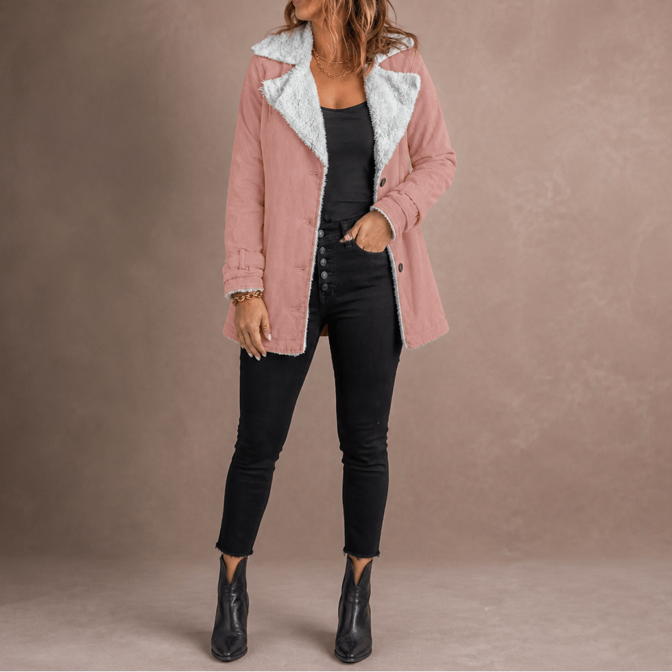 Sherpa-Lined Suede-Finish Lapel Jacket with Mid-Length Tailored Cut