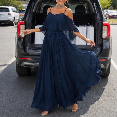 Solavia Cold-Shoulder Chiffon Women's Midi Dress with Cascading Side Drape