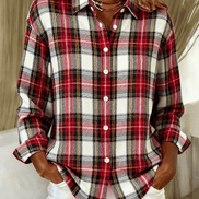 Esmeralda Plaid Cotton Flannel Button-Up Long Sleeve Blouse for Women