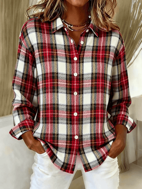 Esmeralda Plaid Cotton Flannel Button-Up Long Sleeve Blouse for Women