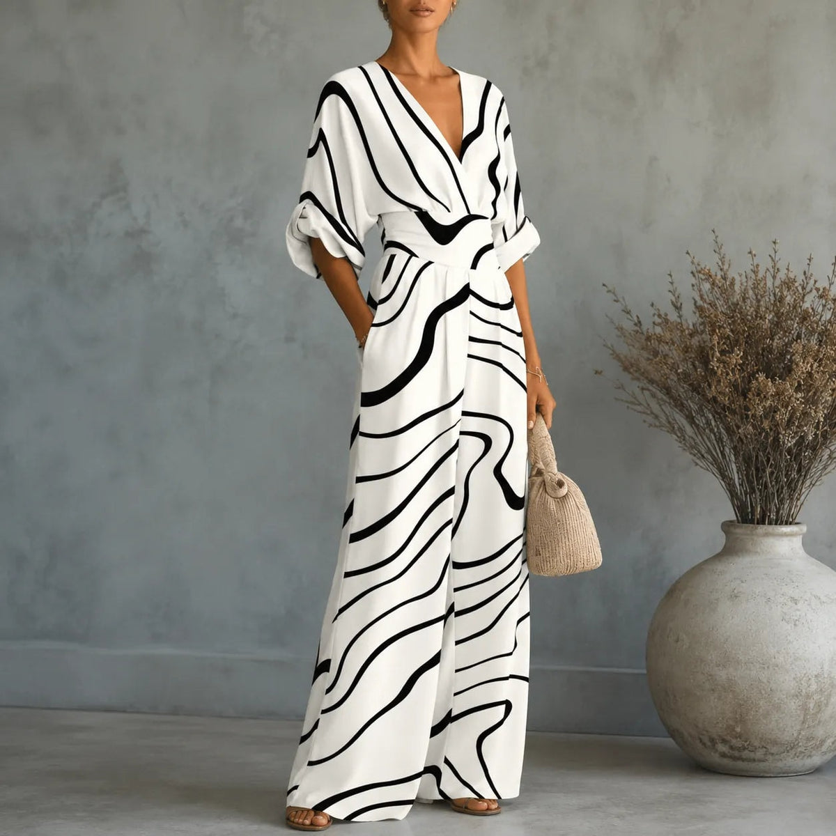 Floral Print Wide-Leg Jumpsuit with Cinched Waist and Pockets