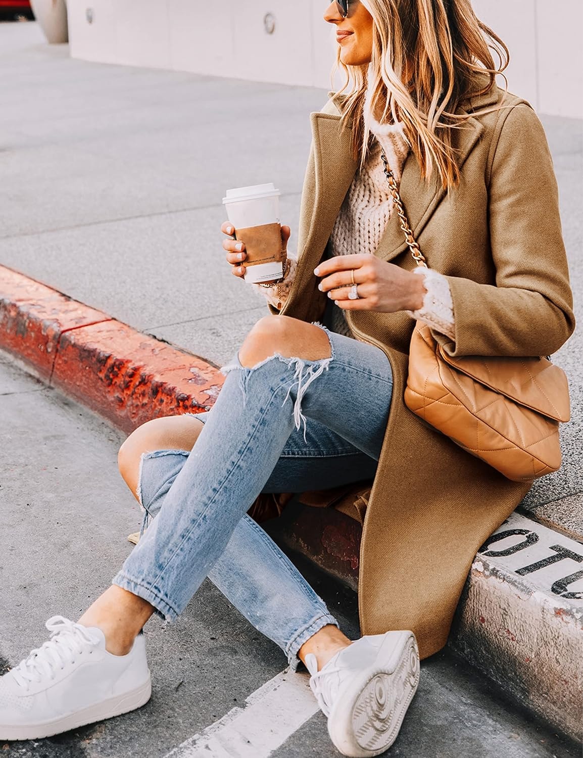 Women's Notch Lapel Double-Breasted Long Wool Winter Coat with Side Pockets