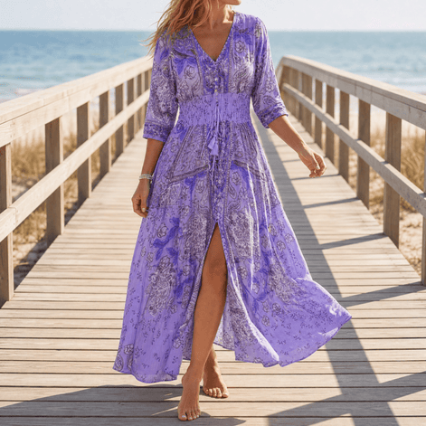 Floressa Paisley Floral V-Neck Women's Midi Dress with Drawstring Waist