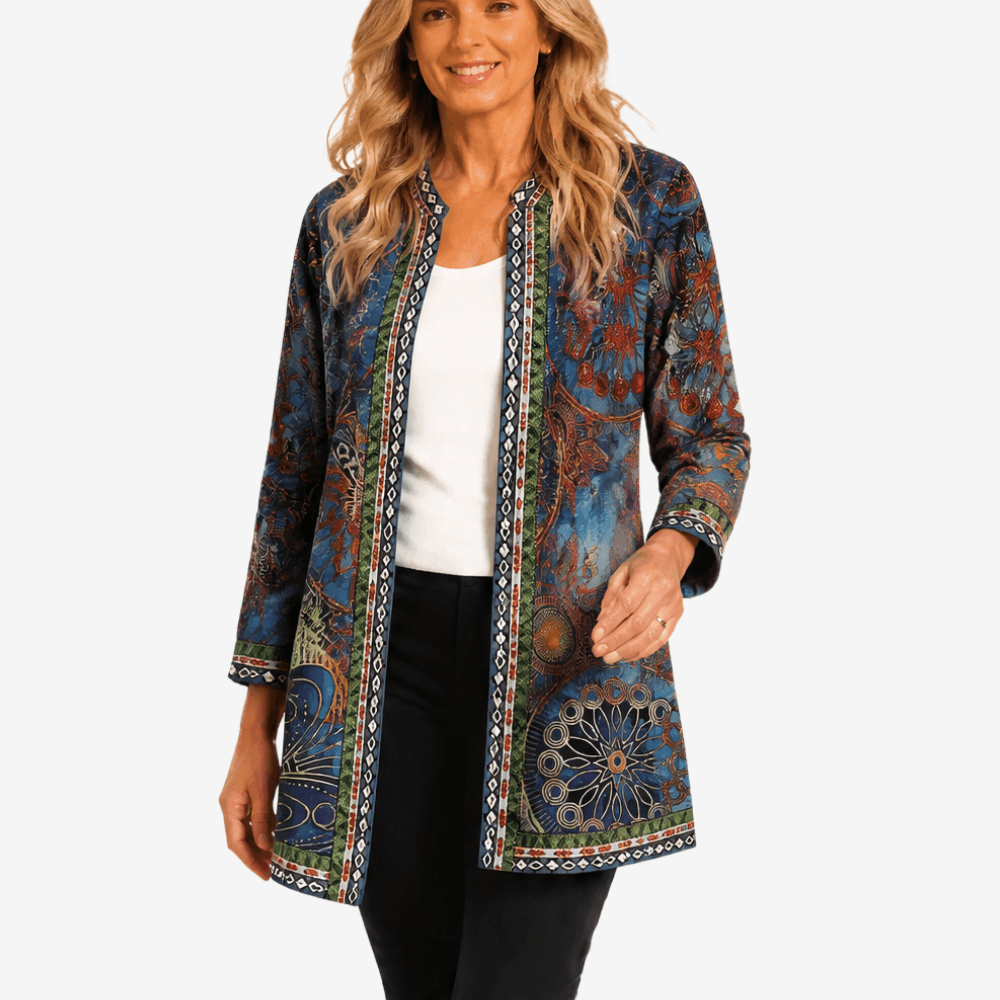Patrice Art-Print Open-Front Jacket with Embellished Trim